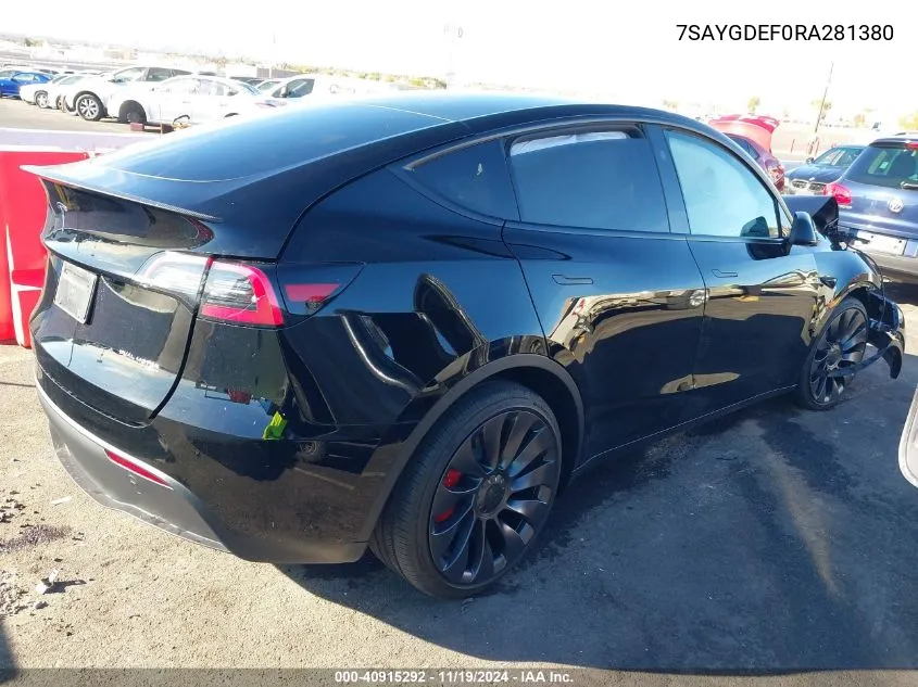 2024 Tesla Model Y Performance Dual Motor All-Wheel Drive VIN: 7SAYGDEF0RA281380 Lot: 40915292