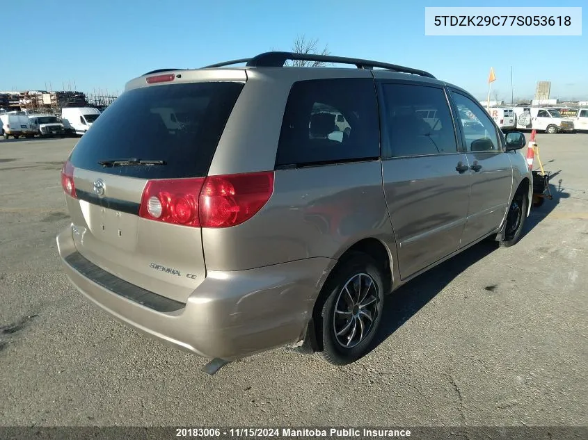 2007 Toyota Sienna Ce V6 VIN: 5TDZK29C77S053618 Lot: 20183006