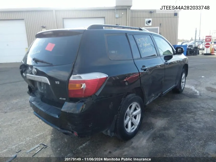 2008 Toyota Highlander V6 VIN: JTEES44A282033748 Lot: 20179149