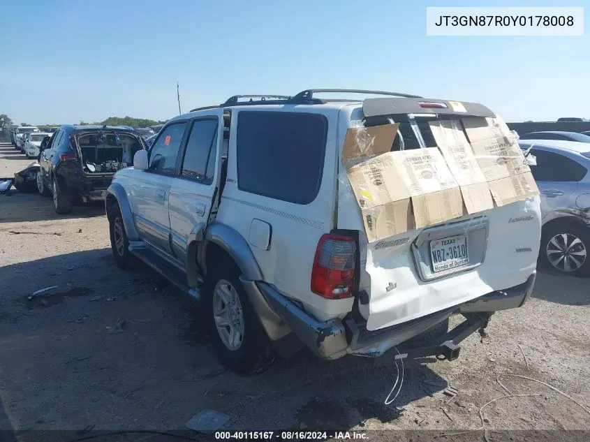 2000 Toyota 4Runner Limited VIN: JT3GN87R0Y0178008 Lot: 40115167