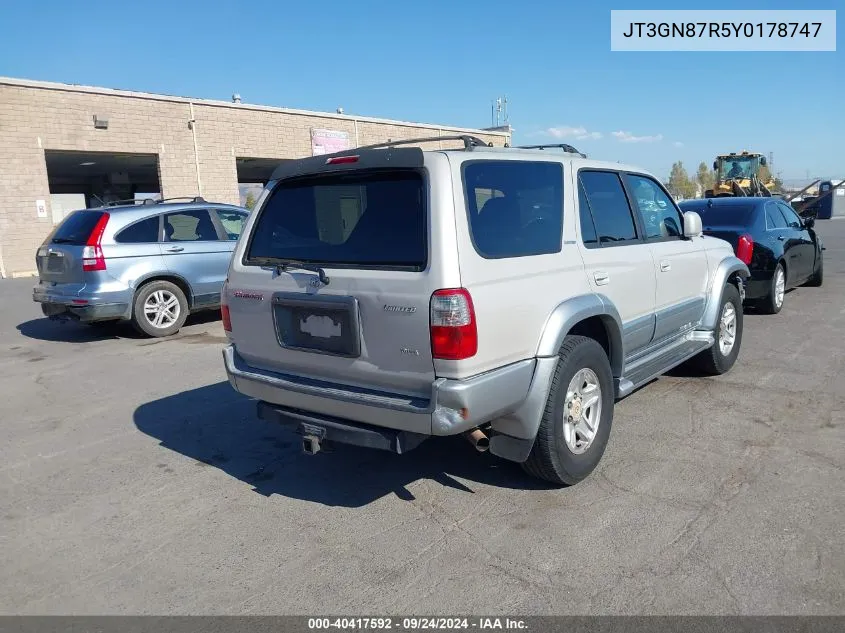 2000 Toyota 4Runner Limited V6 VIN: JT3GN87R5Y0178747 Lot: 40417592