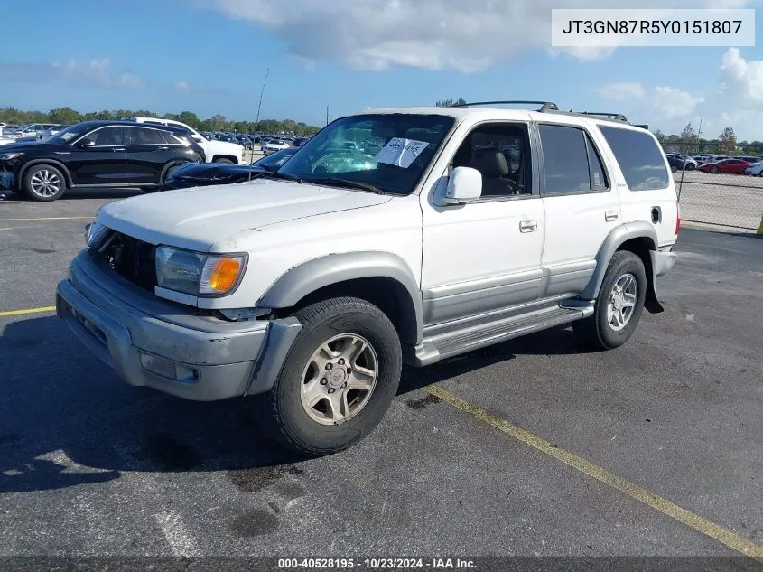 2000 Toyota 4Runner Limited V6 VIN: JT3GN87R5Y0151807 Lot: 40528195