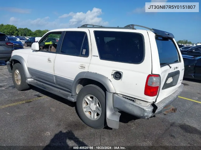 2000 Toyota 4Runner Limited V6 VIN: JT3GN87R5Y0151807 Lot: 40528195