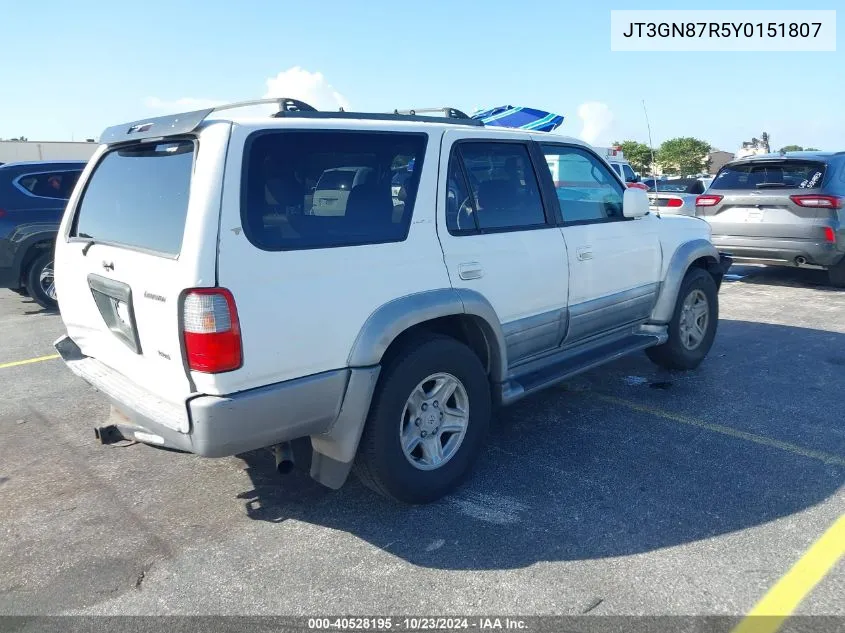 2000 Toyota 4Runner Limited V6 VIN: JT3GN87R5Y0151807 Lot: 40528195