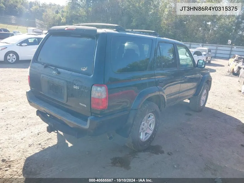 2000 Toyota 4Runner Sr5 V6 VIN: JT3HN86R4Y0315375 Lot: 40555587