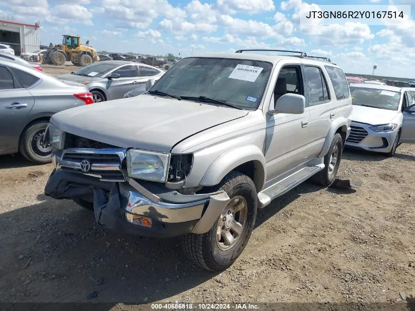 2000 Toyota 4Runner Sr5 V6 VIN: JT3GN86R2Y0167514 Lot: 40686818