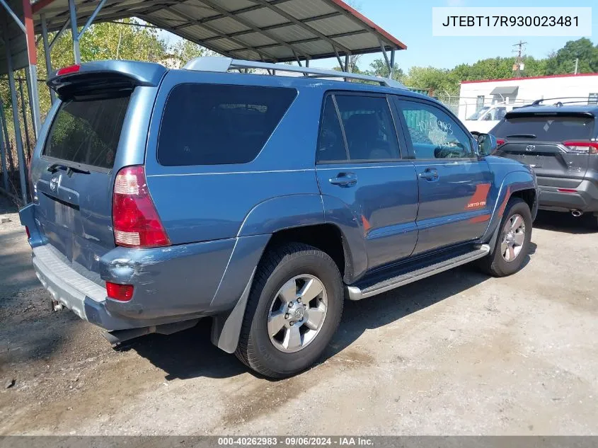 2003 Toyota 4Runner Limited V8 VIN: JTEBT17R930023481 Lot: 40262983