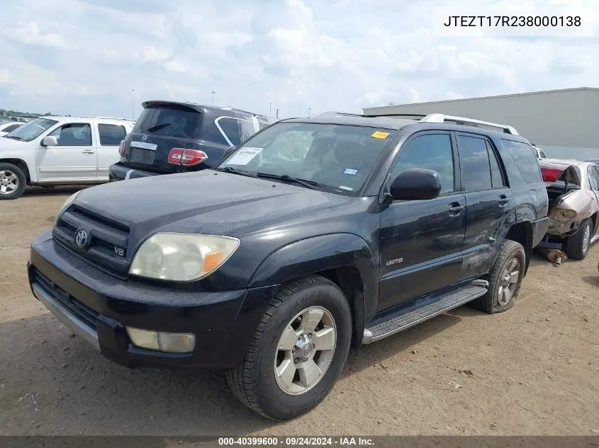 2003 Toyota 4Runner Limited V8 VIN: JTEZT17R238000138 Lot: 40399600