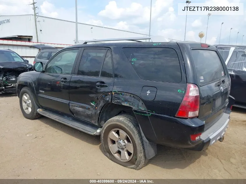 2003 Toyota 4Runner Limited V8 VIN: JTEZT17R238000138 Lot: 40399600