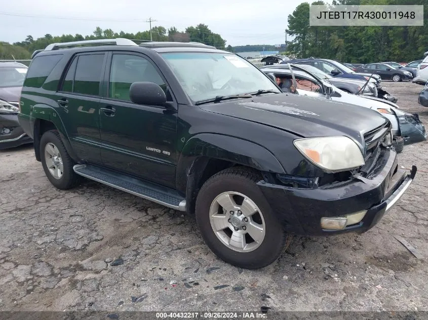 2003 Toyota 4Runner Limited V8 VIN: JTEBT17R430011948 Lot: 40432217