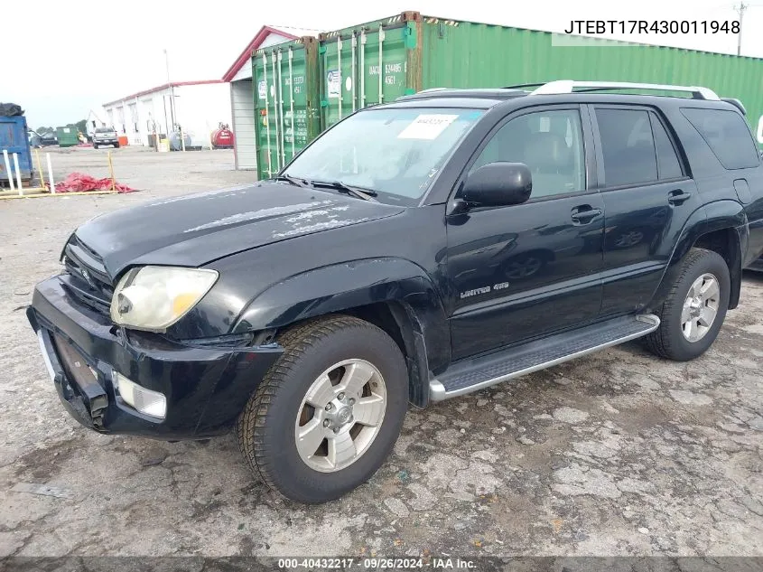 2003 Toyota 4Runner Limited V8 VIN: JTEBT17R430011948 Lot: 40432217