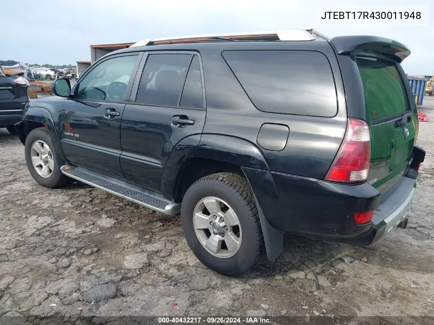 2003 Toyota 4Runner Limited V8 VIN: JTEBT17R430011948 Lot: 40432217