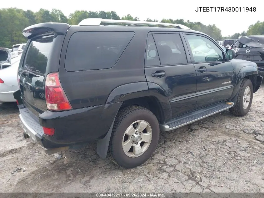 2003 Toyota 4Runner Limited V8 VIN: JTEBT17R430011948 Lot: 40432217