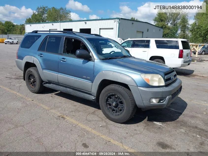 2003 Toyota 4Runner Sr5 V6 VIN: JTEBU14R838000194 Lot: 40447434