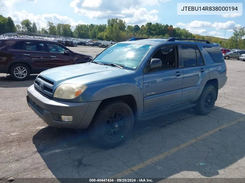 2003 Toyota 4Runner Sr5 V6 VIN: JTEBU14R838000194 Lot: 40447434