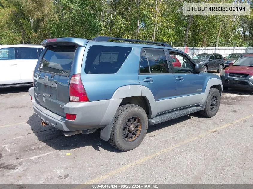 2003 Toyota 4Runner Sr5 V6 VIN: JTEBU14R838000194 Lot: 40447434