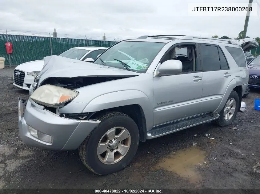 2003 Toyota 4Runner Limited V8 VIN: JTEBT17R238000268 Lot: 40478822