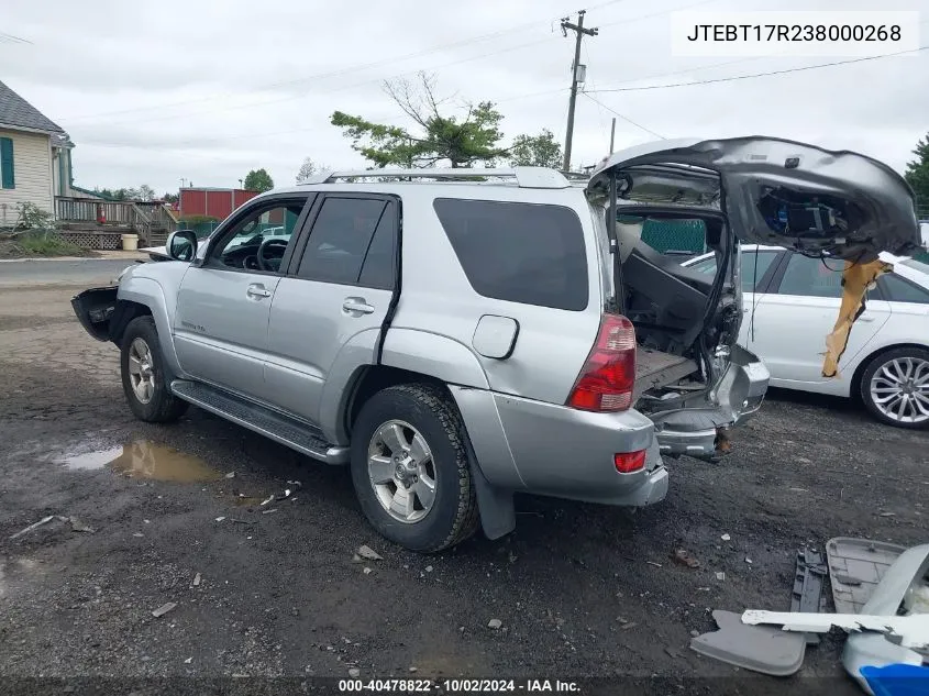 2003 Toyota 4Runner Limited V8 VIN: JTEBT17R238000268 Lot: 40478822