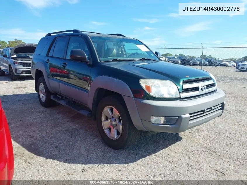 2003 Toyota 4Runner Sr5 V6 VIN: JTEZU14R430002778 Lot: 40663576