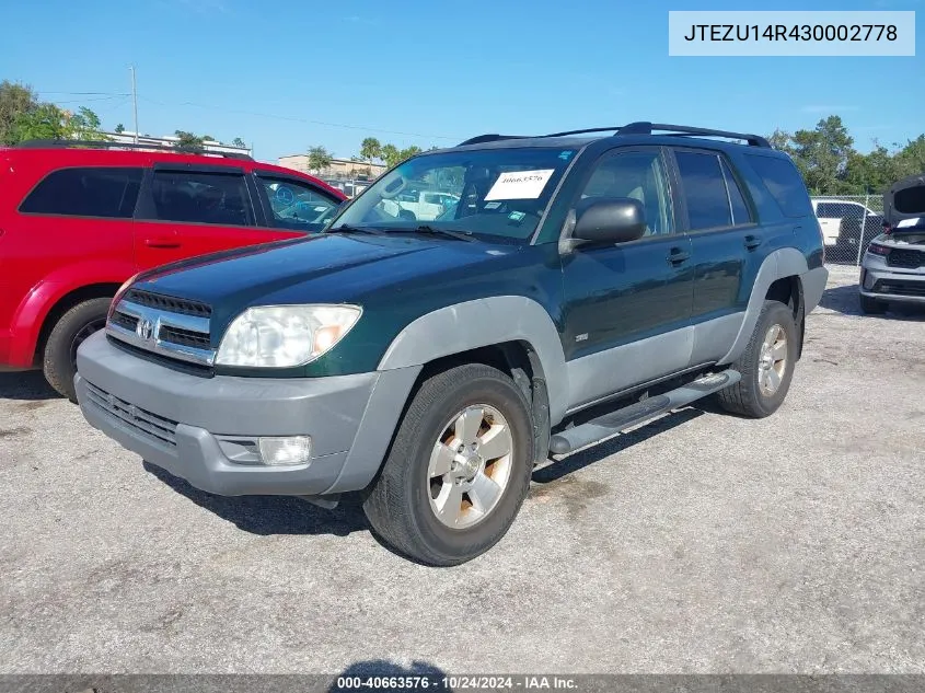 2003 Toyota 4Runner Sr5 V6 VIN: JTEZU14R430002778 Lot: 40663576