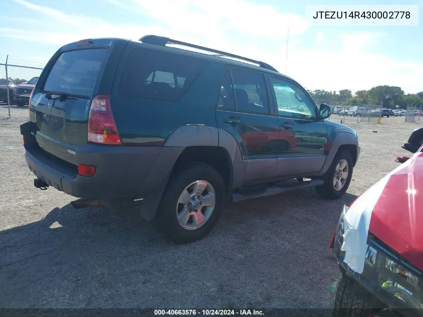 2003 Toyota 4Runner Sr5 V6 VIN: JTEZU14R430002778 Lot: 40663576