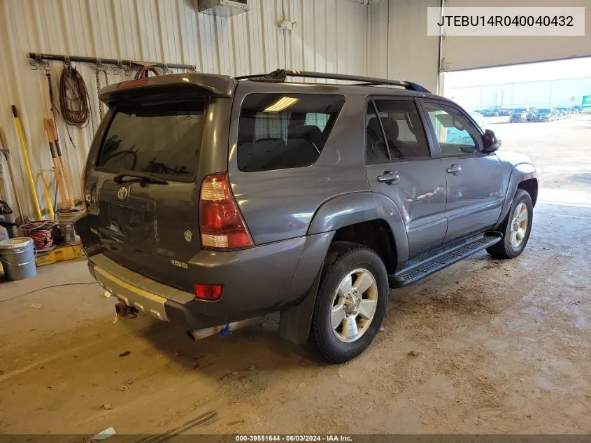 2004 Toyota 4Runner Sr5 V6 VIN: JTEBU14R040040432 Lot: 39551644