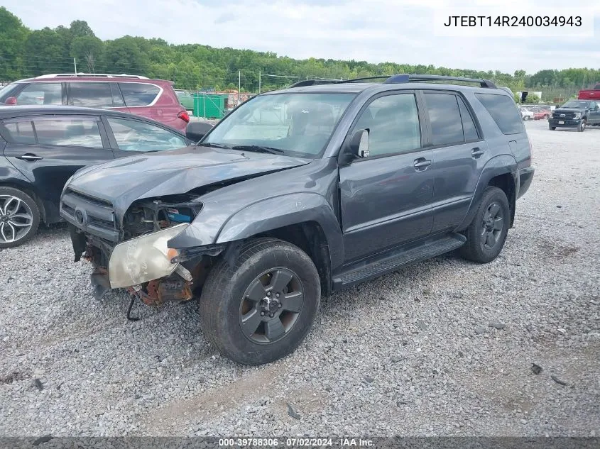 2004 Toyota 4Runner Sr5 V8 VIN: JTEBT14R240034943 Lot: 39788306