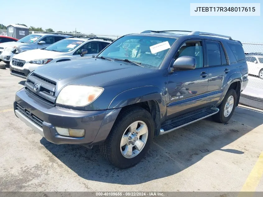 2004 Toyota 4Runner Limited V8 VIN: JTEBT17R348017615 Lot: 40109655