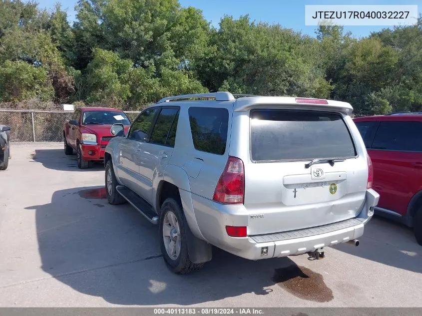 2004 Toyota 4Runner Limited V6 VIN: JTEZU17R040032227 Lot: 40113183