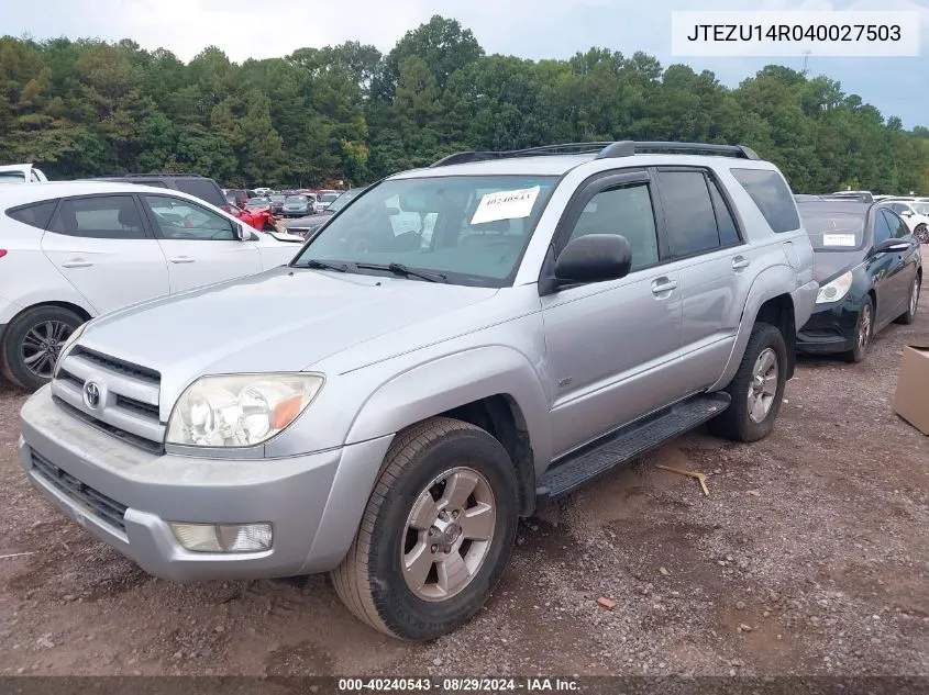 2004 Toyota 4Runner Sr5 V6 VIN: JTEZU14R040027503 Lot: 40240543