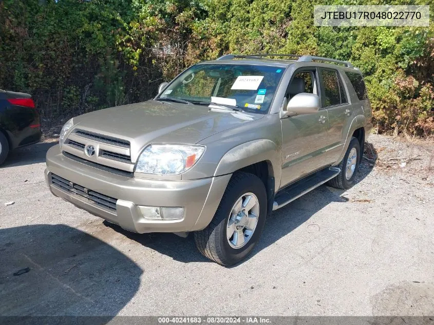 2004 Toyota 4Runner Limited V6 VIN: JTEBU17R048022770 Lot: 40241683