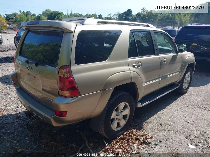 2004 Toyota 4Runner Limited V6 VIN: JTEBU17R048022770 Lot: 40241683