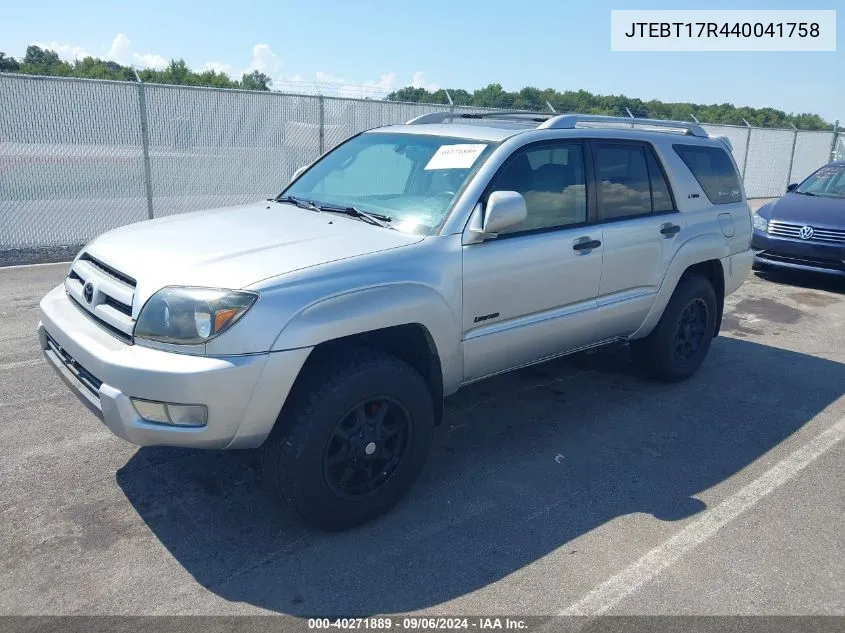 2004 Toyota 4Runner VIN: JTEBT17R440041758 Lot: 40271889