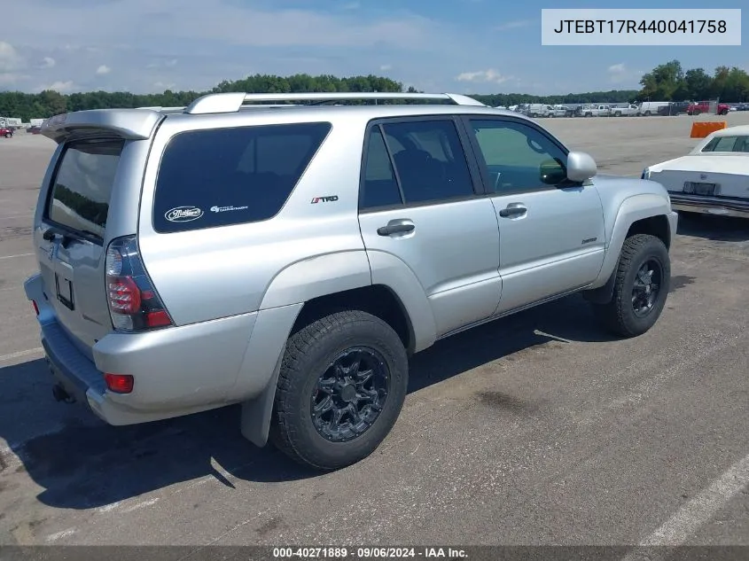 2004 Toyota 4Runner VIN: JTEBT17R440041758 Lot: 40271889