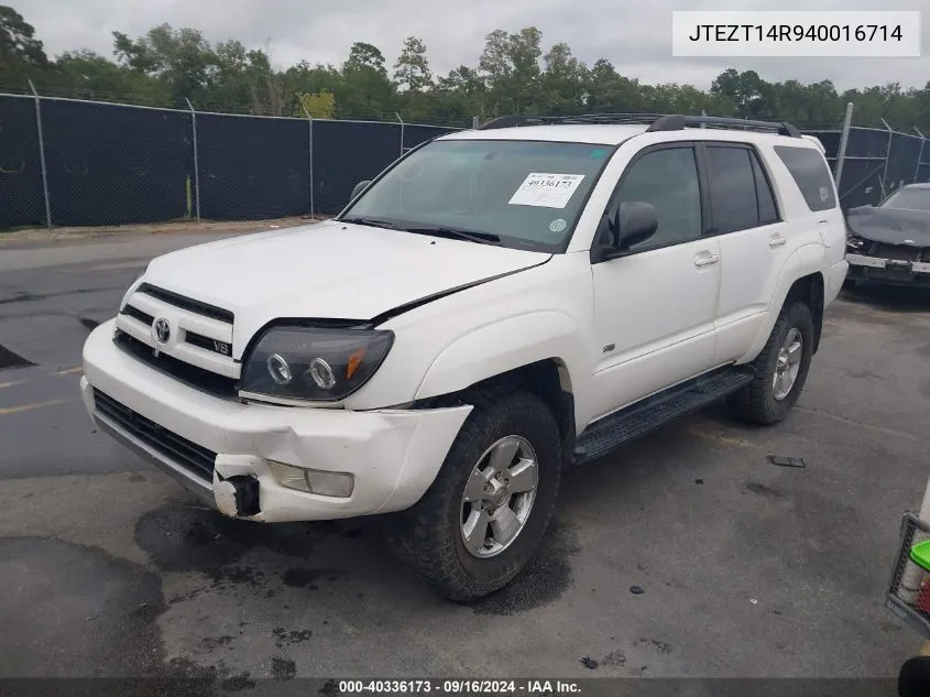 2004 Toyota 4Runner Sr5 V8 VIN: JTEZT14R940016714 Lot: 40336173