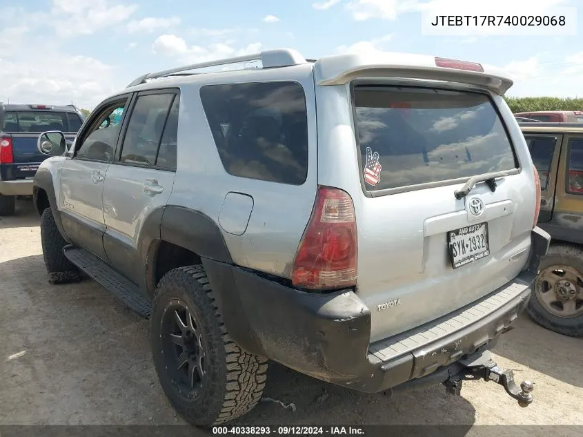 2004 Toyota 4Runner Limited V8 VIN: JTEBT17R740029068 Lot: 40338293