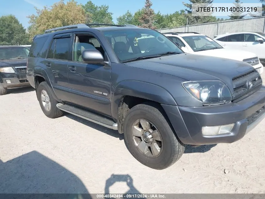 2004 Toyota 4Runner Limited V8 VIN: JTEBT17R140031219 Lot: 40342494