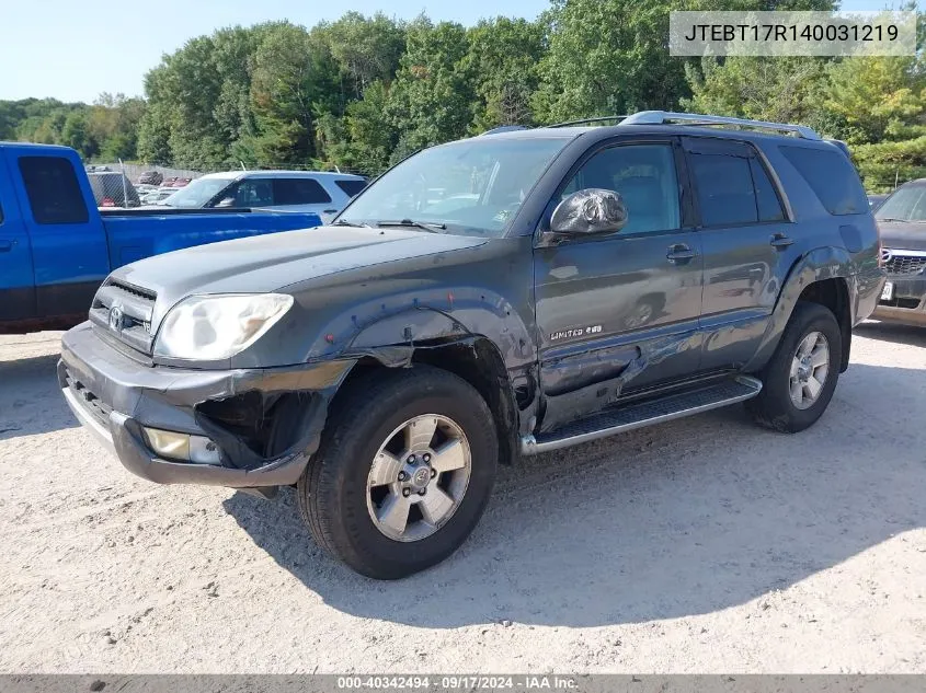 2004 Toyota 4Runner Limited V8 VIN: JTEBT17R140031219 Lot: 40342494