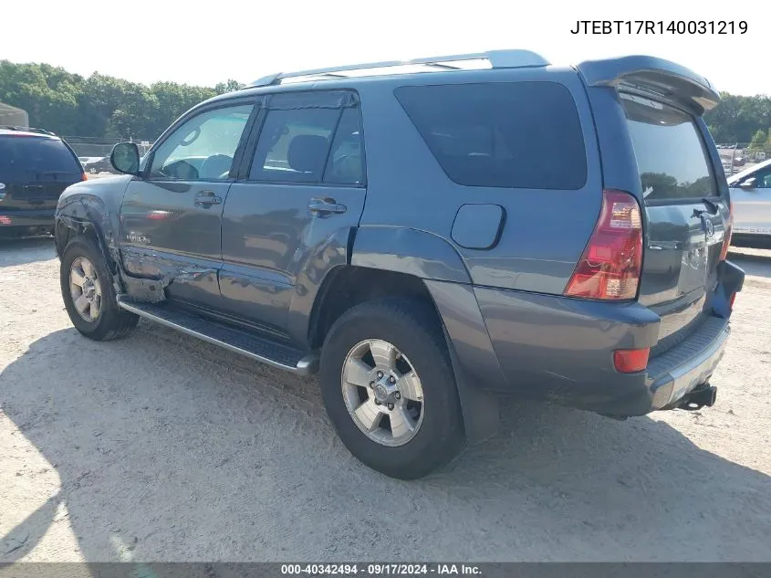 2004 Toyota 4Runner Limited V8 VIN: JTEBT17R140031219 Lot: 40342494