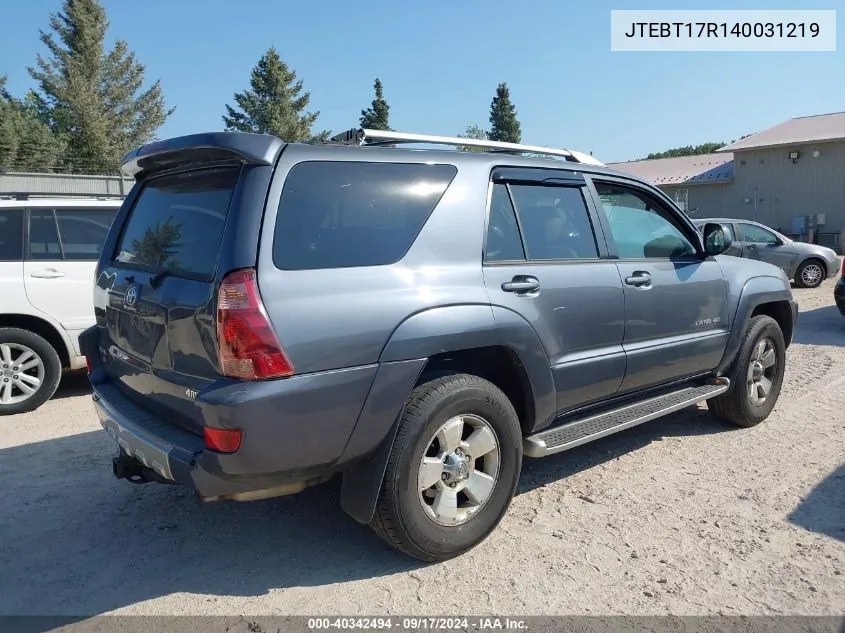 2004 Toyota 4Runner Limited V8 VIN: JTEBT17R140031219 Lot: 40342494