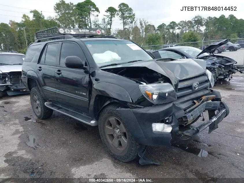 2004 Toyota 4Runner Limited V8 VIN: JTEBT17R848014452 Lot: 40342658