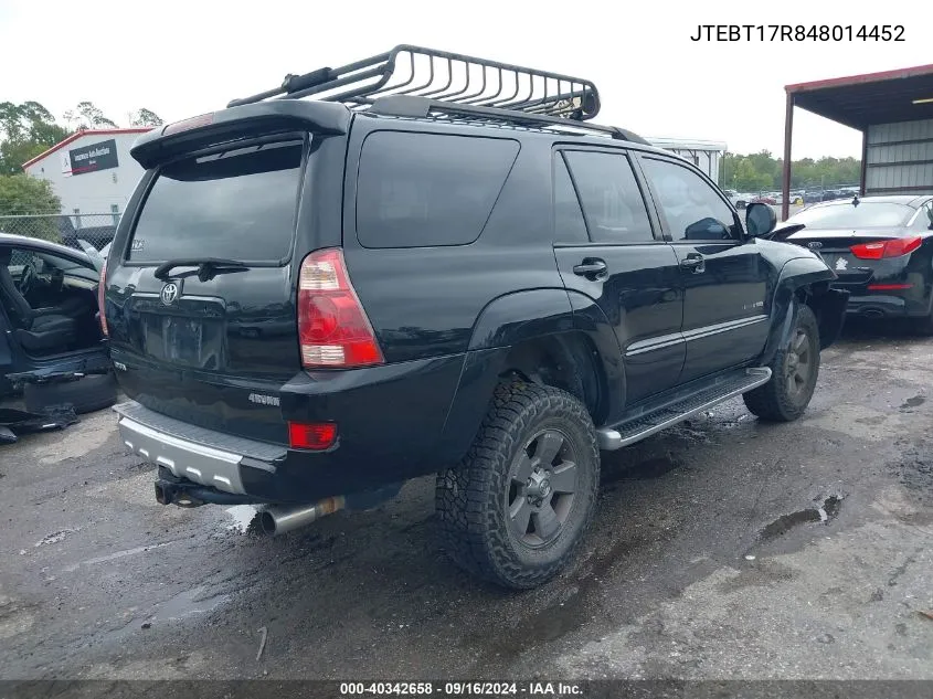 2004 Toyota 4Runner Limited V8 VIN: JTEBT17R848014452 Lot: 40342658