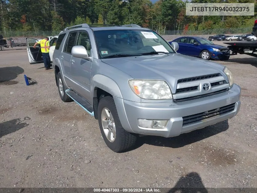 2004 Toyota 4Runner Limited V8 VIN: JTEBT17R940032375 Lot: 40467303