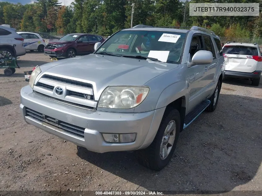 2004 Toyota 4Runner Limited V8 VIN: JTEBT17R940032375 Lot: 40467303