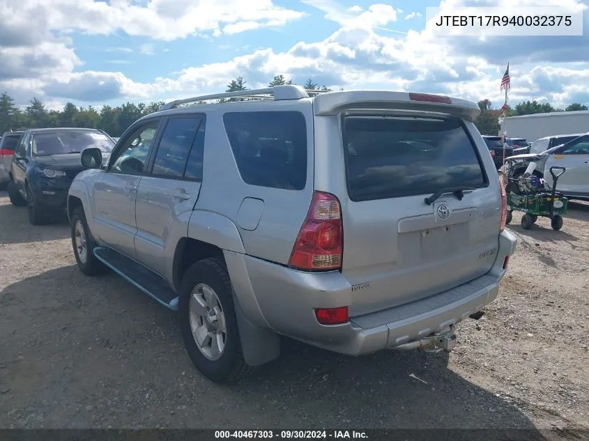 2004 Toyota 4Runner Limited V8 VIN: JTEBT17R940032375 Lot: 40467303