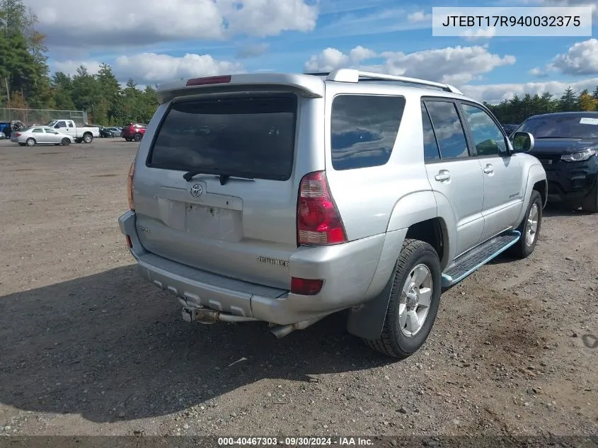 2004 Toyota 4Runner Limited V8 VIN: JTEBT17R940032375 Lot: 40467303