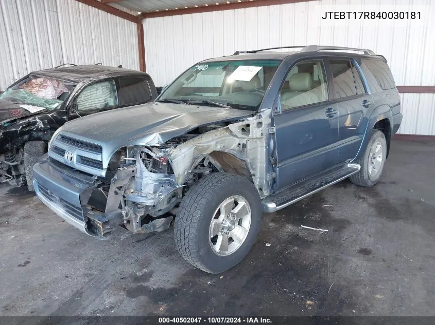 2004 Toyota 4Runner Limited V8 VIN: JTEBT17R840030181 Lot: 40502047