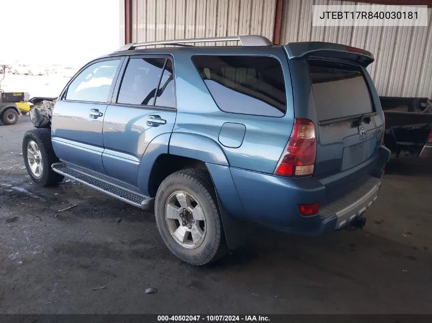 2004 Toyota 4Runner Limited V8 VIN: JTEBT17R840030181 Lot: 40502047