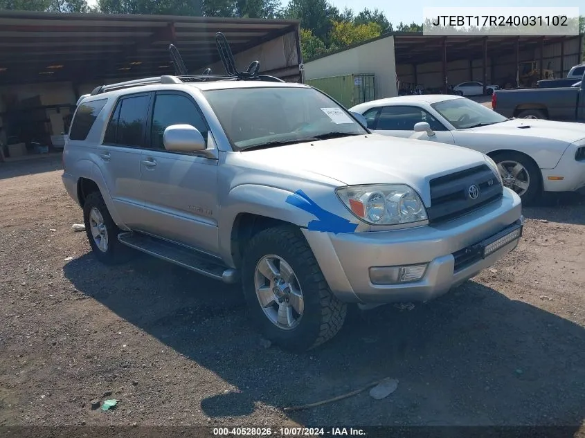 2004 Toyota 4Runner Limited V8 VIN: JTEBT17R240031102 Lot: 40528026