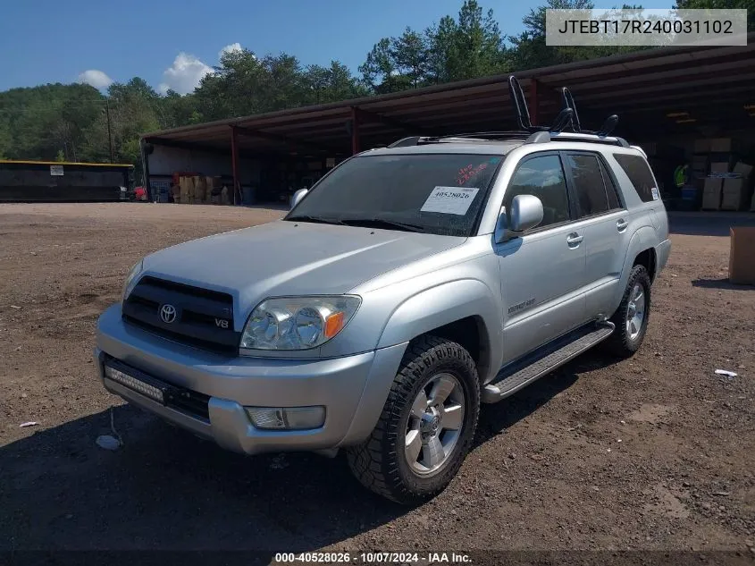 2004 Toyota 4Runner Limited V8 VIN: JTEBT17R240031102 Lot: 40528026